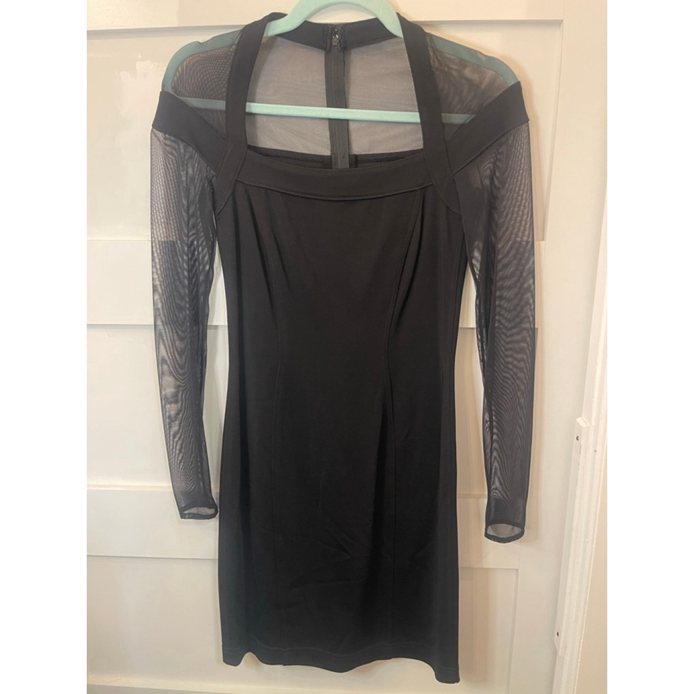 Vintage Cache Black Mesh Illusion Bodycon Dress Long Sleeve Size XS 90s